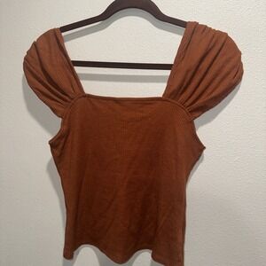 Anthropologie Ruched‎ Shoulder Orange Ribbed Top Size S